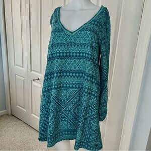 Roxy Geometric Boho Mini Dress Women's Size Medium Green w/ Blue